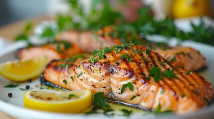 Wall Mural - Grilled salmon on a plate decorated