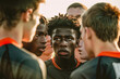 © Emanuel - Focused and determined soccer players huddled together before the kickoff, their intense expressions conveying the concentration and anticipation of the match ahead