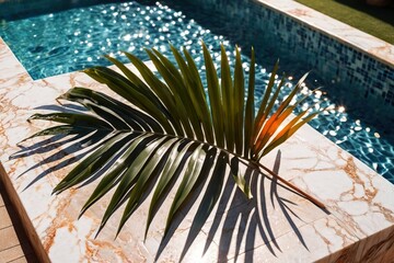 Wall Mural - Marble podium backdrop background with tropical pool, luxury summer vacation theme