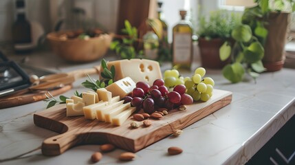 Canvas Print - Cheese platter on a wooden board decorated