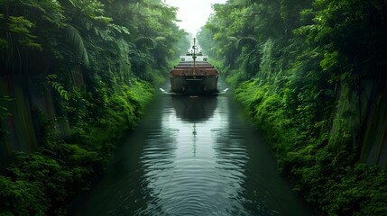 Sticker - Cargo ship navigating through a narrow canal