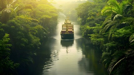 Sticker - Cargo ship navigating through a narrow canal image