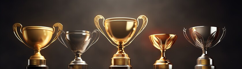 Trophy illustration with a mix of gold, silver, and bronze cups, designed in a realistic and shiny style, suitable for competitive event materials