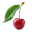 © AI Art Factory - Close-up of a fresh cherry with a green leaf, covered in water droplets transparent background, PNG