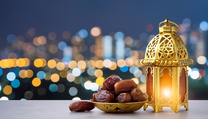 Wall Mural - Golden lantern and dates fruit with bokeh light background for the Muslim Holiday. Banner for Eid, Ramadan, Islamic New Year, Mawlid, Isra Miraj etc