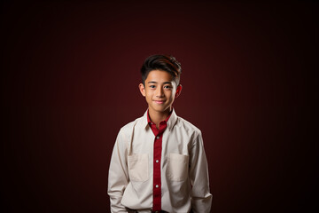 Portrait of a teenager wearing a red-white outfit on an isolated background with copy space