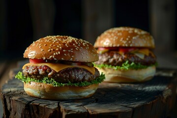 Wall Mural - Two delicious homemade beef, cheese and vegetable burgers on an old wooden table.. and dark background. HD, realistic, copyspace, Generative ai