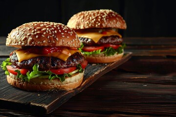 Two delicious homemade beef, cheese and vegetable burgers on an old wooden table.. and dark background. HD, realistic, copyspace, Generative ai