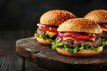 Wall Mural - Two delicious homemade beef, cheese and vegetable burgers on an old wooden table.. and dark background. HD, realistic, copyspace, Generative ai