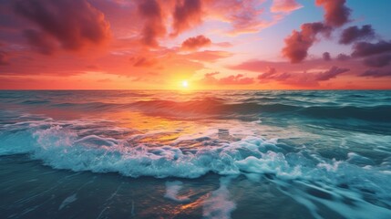 Wall Mural - breathtaking sunset over the ocean, with the colors of the sky blending seamlessly with the hues of the water, creating a mesmerizing spectacle of nature's artistry.