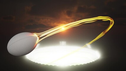 Wall Mural - A rugby sport ball flying through the air with a flowing travelling trail of glowing wispy lights from a stadium  illuminated by an array of spotlights in the night time 