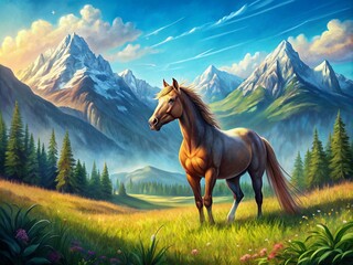 Horse Grazing in a Mountain Meadow
