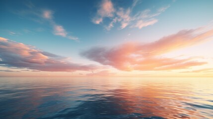 serene sunset over the ocean, with the sky reflecting the soft hues of the setting sun, creating a tranquil and peaceful atmosphere.