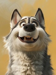 Wall Mural - Alaskan Malamute,smiling, small deciduous teeth, long hair,3D character ::2 , a bit furry, cartoon style, extremely minimalism ::1 