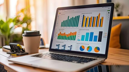 Close-up of a laptop screen displaying analytics data and sales trends for a small online business