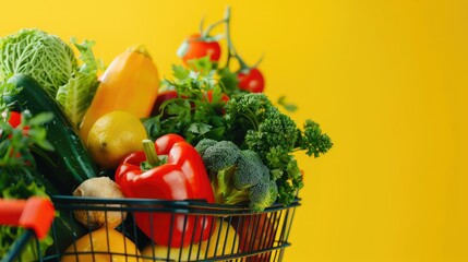 Wall Mural - Close-up of a shopping basket filled with organic groceries, showcasing fresh fruits, vegetables, and herbs on a vibrant yellow background