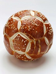 a soccerball made with pretzel bread texture, round shape like a ball but texture like pretzel bread