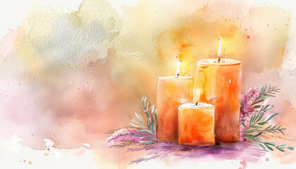 Wall Mural - A painting of three candles with purple leaves in the background