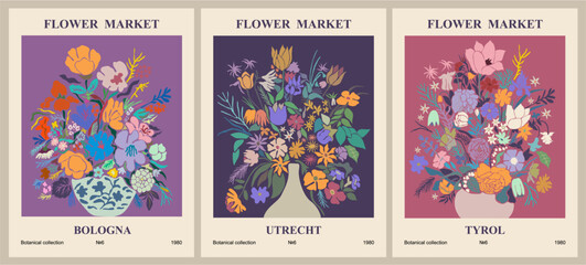 Wall Mural - Set of abstract Flower Market Posters. Trendy botanical wall arts with floral design in purple colors. Modern naive groovy funky interior decorations, paintings. Vector art illustration