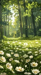 Wall Mural - Beautiful White Wildflower Field in Ancient Springtime Forest with Blossoming Flowers