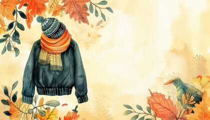 Wall Mural - A pair of blue denim jackets hanging on a clothesline with a fall leaf backgroun