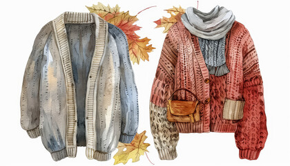 Wall Mural - A pair of blue denim jackets hanging on a clothesline with a fall leaf backgroun