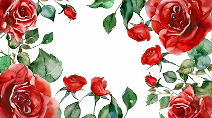 Wall Mural - watercolor red rose frame with green leaves and branches, generative AI