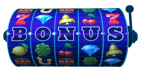 The rotating reels of a slot machine showcasing an array of popular slot symbols and the BONUS word lined up on the pay line. 3D rendering in wireframe style.