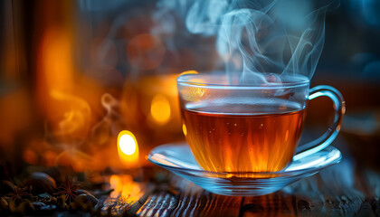 Wall Mural - Two cups of tea on a wooden table with a blanket draped over it