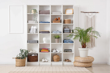 Canvas Print - Big shelving unit with clothes, accessories and houseplants near light wall