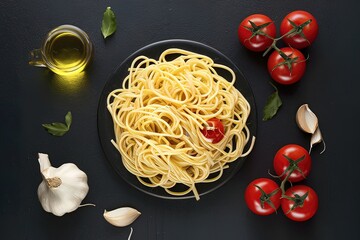 Wall Mural - pasta raw isolated on black tomatoes olive oil garlic