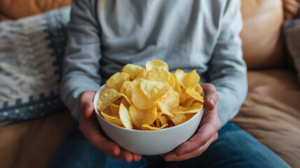 A person holding a bowl of potato chips while sitting on a couch. Ideal for themes of snacking, relaxation, and casual living.