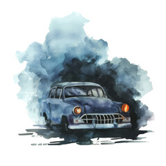 Wall Mural - A blue car is driving down a road with smoke in the background