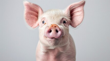 A close-up portrait captures the endearing curiosity of a pig as it looks directly at the camera, set against a pristine white background. The clean, minimalist composition provides ample copy space,