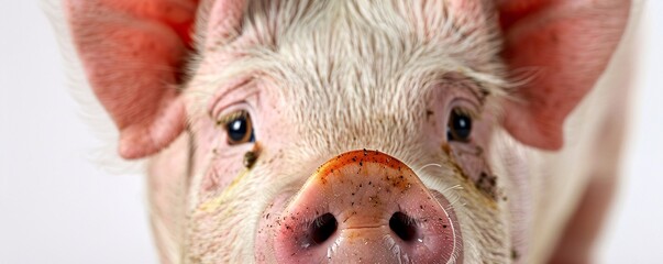 The inquisitive gaze of a pig is captured in a close-up portrait, its snout and eyes prominently featured against a pure white background. The simplicity of the image, combined with generous copy