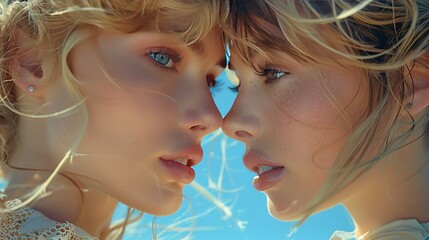 Wall Mural - Close up of two blond women in love, their faces touching, the wind blowing their hair, dressed as school girls