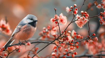 Wall Mural - A long-tailed tit sits perched on a tree stump with a blurred background  