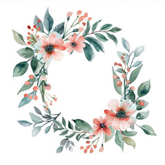 Wall Mural - Watercolor illustration of a wreath made of flowers and leaves isolated on a white background