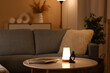 © Pixel-Shot - Glowing lamp on coffee table, comfortable sofa and magazines in stylish living room