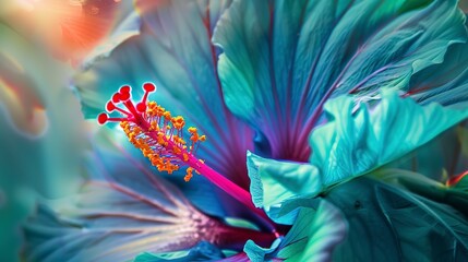 Canvas Print - Enchanted hibiscus, macro view, vibrant turquoise petals, radiant light, intricate details, fairy tale backdrop. 