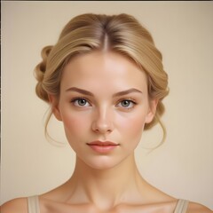 Portrait of a young blonde caucasian woman with a luminous, bright glowing complexion accentuated by the effects of recent facial or beauty treatment, placed on a plain beige backdrop