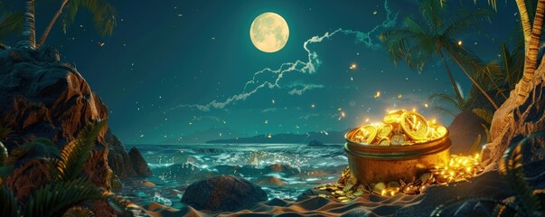 a gold colored bowl is sitting on the beach at night. the sky is dark and the moon is shining bright