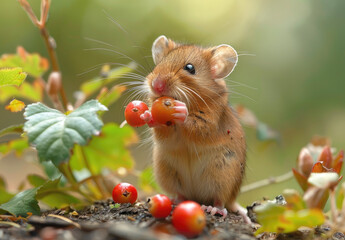 Wall Mural - The little field mouse is eating red cherries, cute and adorable, with a background of green leaves and rocks