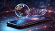 © Shehzad - worldwide mobile internet communications. using a wireless satellite network to access the internet on a phone. Digital smartphone connectivity at global cloud services. Abstract holographic
