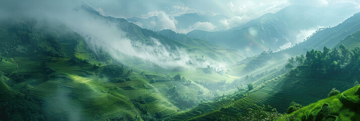 Wall Mural - A picturesque landscape of green terraced rice fields nestled in the mountains, with mist rising from their paths and sunlight filtering through clouds above.
