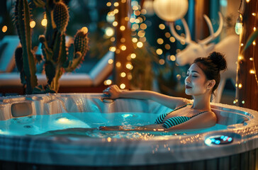 beautiful girl in a hot tub, with cactus lights at night and a deer decoration on the side