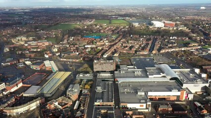 Canvas Print - Aerial footage of the town centre of Wakefield in West Yorkshire UK showing the whole of the town centre with shops, roads and traffic around the city centre and the Trinity Walk Shopping Centre