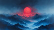 © Wasin Arsasoi - a heavy painting style of a red sun hanging low on the horizon, casting a warm glow over a serene blue mountain range. The vibrant red sun contrasts beautifully against the calming blue tones of the m
