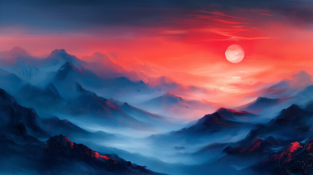 a heavy painting style of a red sun hanging low on the horizon, casting a warm glow over a serene blue mountain range. The vibrant red sun contrasts beautifully against the calming blue tones of the m