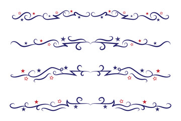 4th of july lettering header ornate swirls, patriotic red stars, and blue elegant fancy separators d